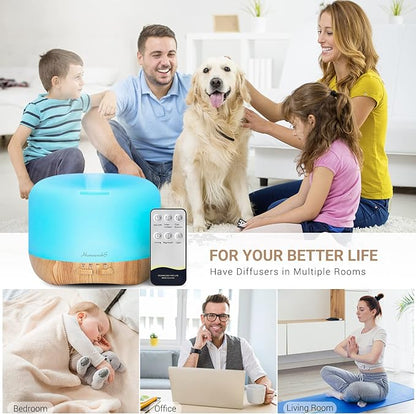 Aromatherapy Essential Oil Diffuser for Room: Colorful Aroma Air Humidifier with Adjustable Cool Mist Mode, Auto Off Ultrasonic Diffusers for Large Small Room Home Office 500ML