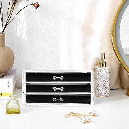 ProCase Earring Holder Organizer Jewelry Box with 3 Drawers, Acrylic Clear Earring Case with Adjustable Velvet Trays for Women - Black, 3 Layers