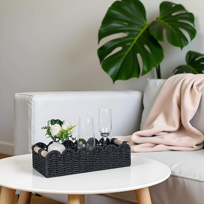 CubesLand Toilet Paper Storage Basket Scalloped Edge Home Decor Basket, Living Room Cozy Decor, Paper Rope Small Baskets for Over Toilet Storage Shelf, End Table, Shelves, with 2 Wooden Handles, Black