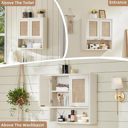 LEYAOYAO Rattan Bathroom Wall Cabinet, Boho Medicine Cabinet with Adjustable Shelve & Doors, Over The Toilet Storage Cabinets Organizer for Laundry Room, Kitchen, Living Room, White
