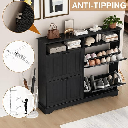 Shoe Storage Cabinet with 4 Flip Drawers, Farmhouse Modern Hidden Shoes Rack Cabinet with Adjustable Shelves & Open Storage, Narrow Slim Shoe Organizer for Front Door Entrance, Entryway, Hallway,Black