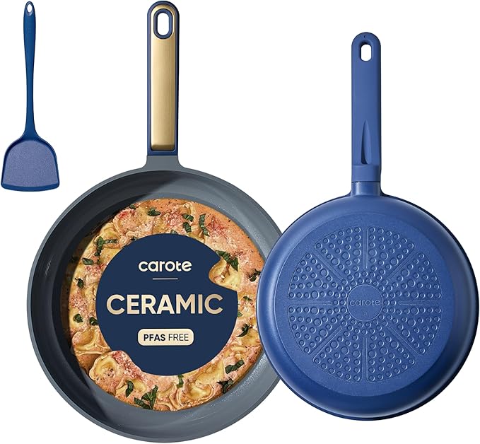 CAROTE 9.5'' and 11'' Nonstick Ceramic Frying Pan Skillet, Non Stick Skillet with Heat Resistant Handle, Healthy & PFOA/PFAS Free, Induction-Compatible,Dishwasher Safe & Includes Silicone spatula,Blue