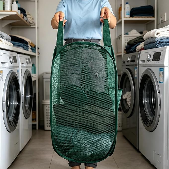 Larpur Pop Up Laundry Hamper Collapsible Laundry Basket, Portable Mesh Clothes Hamper, Dark Green