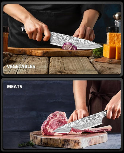 MOSFiATA 8" Super Sharp Professional Chef's Knife with Finger Guard and Knife Sharpener, German High Carbon Stainless Steel EN1.4116 with Micarta Handle and Gift Box