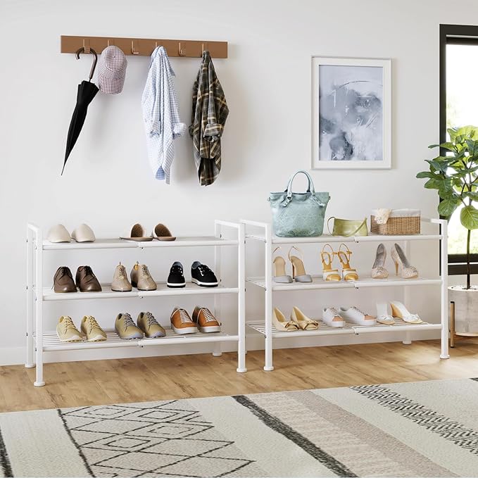 White Shoe Rack,3 Tier Metal Simple Shoe Storage Organizer Multi-Functional Shelf for Closet,Entryway, Garage,Dorm Room(White, 3 Tier)
