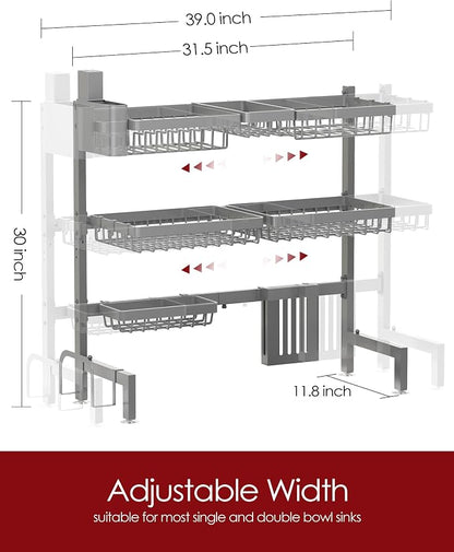 Sakugi Dish Drying Rack - Over The Sink Dish Drainer Drying Rack with Utensil & Knife Holder, Hooks, Stainless Steel Kitchen Organizers and Storage Solution, 11.8" D x 31.5"~39.0''W x 30" H, Gray