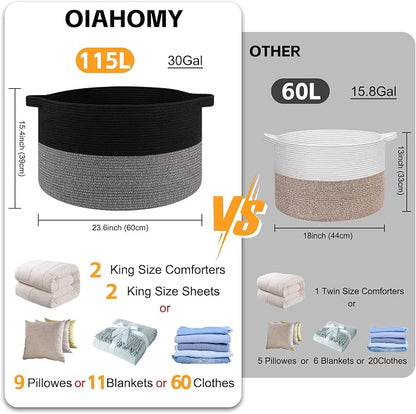 OIAHOMY 115L Extra Large Blanket Basket for Living Room, 23.6" x 15.4" Woven Cotton Rope Laundry Basket for Organizing Pillows, Decorative Stuffed Animal Toy Storage for Nursery, Black and Grey