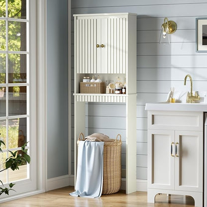 Over The Toilet Storage Cabinet, Over Toilet Storage with Fluted Door, Over The Toilet Storage Bathroom Organizer Bathroom Shelf Over Toilet, Behind Toilet Storage Cabinet Organizer,Cream White