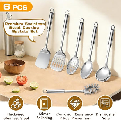 6 Pcs Cooking Utensils Set, Stainless Steel Kitchen Utensils, Heat Resistant Metal Kitchen Tools Include Solid & Slotted Turner Wok Spatula, Serving Spoon, Ladle, Pasta Server, Easy to Clean, Silver