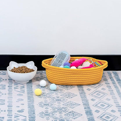 CubesLand Small Cotton Rope Storage Basket Set 5, Shelves Baskets for Organizing with Handle, Decorative Closet Storage Bins for Countertop Toilet Paper Basket for Toilet Tank Top,Yellow Basket