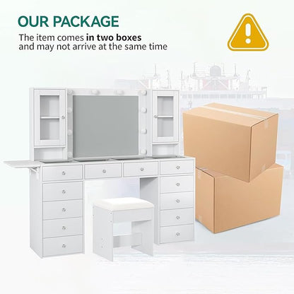 Vanity with Mirror and 10 LED Lights,Vanity Desk with Power Outlet, Makeup Vanity with 12 Drawers and 2 Cabinets, Fold-up Panel, Glass Top Vanity Table with Chair for Bedroom, White