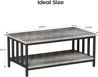 Homeiju Coffee Table for Living Room with Slatted Sides Frame, Modern Farmhouse Living Room Table with 2-Tier Storage Shelf for Home Office, Apartment, Grey Wash, 39 inch
