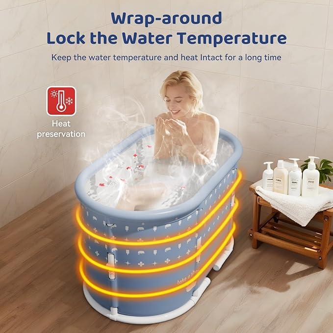 Portable Bathtub, Foldable Bathtub No Installation, Freestanding Shower Bathtubs with Cushion, Collapsible SPA Soaking Bath Tub, Hot & Ice Bath Tub for Indoor Outdoor (Pink White Grid)