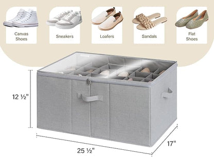 StorageWorks Shoe Organizer for Closet, Fits up to 24 Pairs, Shoe Cubby Storage Containers with Adjustable Dividers and Clear Cover, Grey