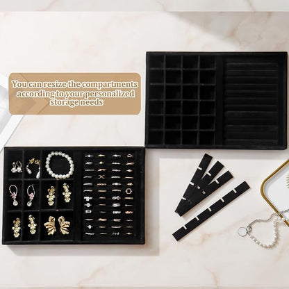 Large Velvet Jewelry Tray 2 Pack Stackable Jewelry Display Drawer Inserts Trays Organizer for Earring Bracelet Necklace Ring (Black, Ring and 24 Grids)