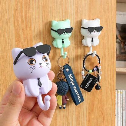 Cat Key Holder for Wall with Sunglasses, No Drill Adhesive Hooks 4 Pack for Keys, Hats, Coats & Towels, Cute Cartoon Cat Wall Decor for Apartment, Kitchen, Office and Bathroom Organization