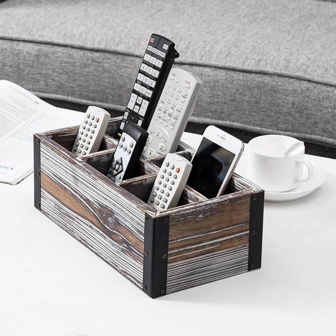 MyGift Remote Control Holder with 5-Compartment, Media Storage Organizer Remote Caddy with Black Metal Corner Wraps, for Table, Desk, Rustic Torched Wood
