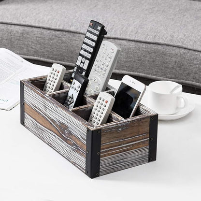 MyGift Remote Control Holder with 5-Compartment, Media Storage Organizer Remote Caddy with Black Metal Corner Wraps, for Table, Desk, Rustic Torched Wood