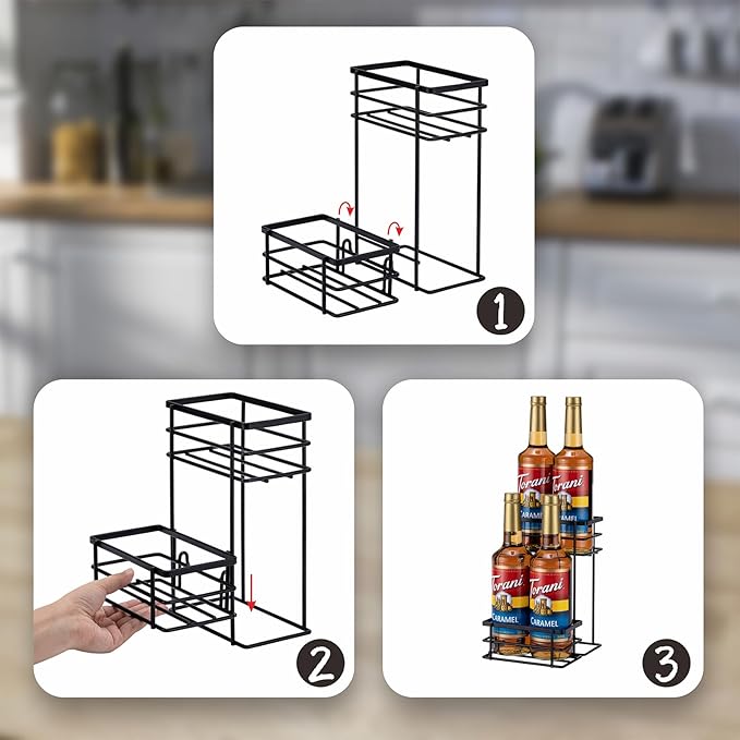 Coffee Syrup Organizer, 4 Bottle Capacity Syrup Stand, 2 Tier Syrup Rack for Coffee Bar Accessories with 4 Coffee Syrup Pump, Syrup Holder for Kitchen, Storage for Syrup, Wine, Dressing（Black）