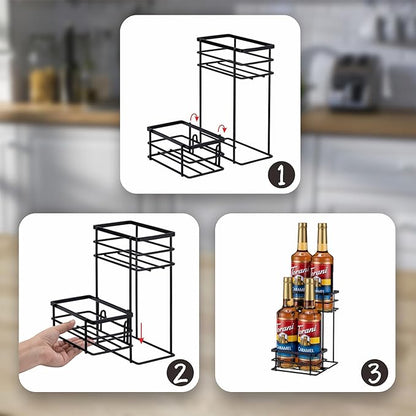 Coffee Syrup Organizer, 4 Bottle Capacity Syrup Stand, 2 Tier Syrup Rack for Coffee Bar Accessories with 4 Coffee Syrup Pump, Syrup Holder for Kitchen, Storage for Syrup, Wine, Dressing（Black）