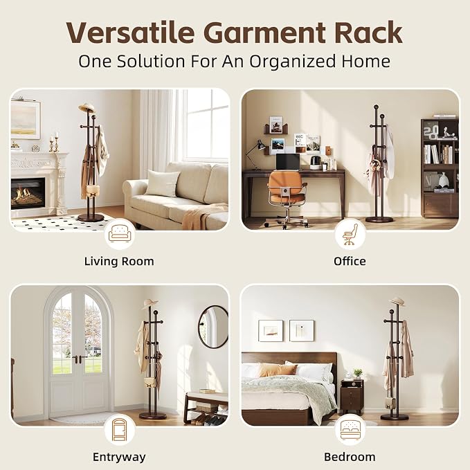 Uniclinens Wood Coat Rack Freestanding - Heavy Duty Freestanding Coat Rack, Wooden Coat Stand with 6 Hooks Creative Tree Branch-look for Entryway, Hallway, Bedroom (Dark Walnut)
