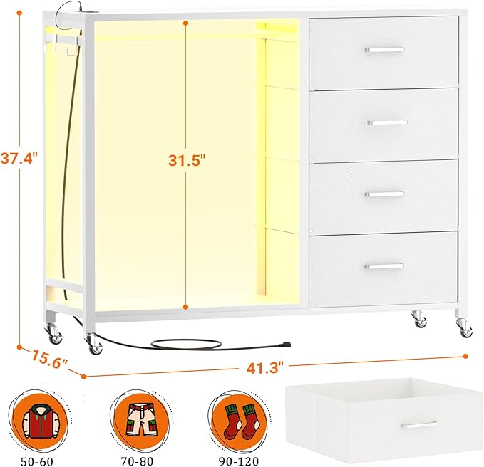 Cyclysio Dresser with Hanging Rack, 4 Fabric Drawers Dresser with Clothes Rack, Wooden Top Storage Chest of Drawers with Charging Station & LED Lights, Lockable Wheels, Closet