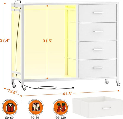 Cyclysio Dresser with Hanging Rack, 4 Fabric Drawers Dresser with Clothes Rack, Wooden Top Storage Chest of Drawers with Charging Station & LED Lights, Lockable Wheels, Closet