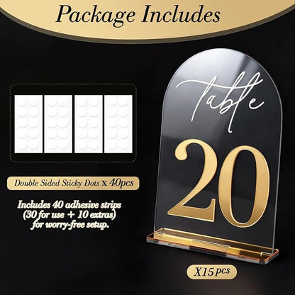 Crystal Clear Acrylic Wedding Table Numbers 1-15 Set, Self-Standing Modern Arched Signs for Reception Seating, Anniversary & Bridal Shower, Elegant Wedding Decor (5x7 Inches)