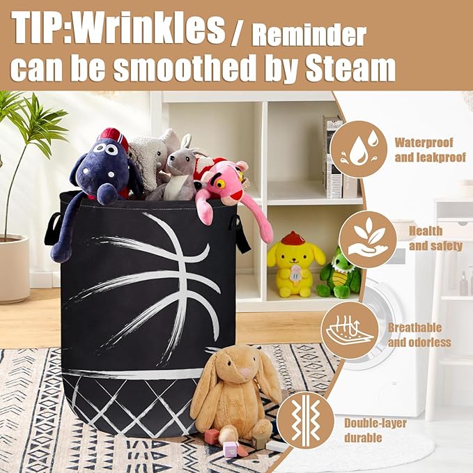 Black Basketball Laundry Basket, Foldable Sport Ball Theme Laundry Hamper Tote Bag Dirty Clothes Storage Bucket Toy Organizer for Bathroom/Laundry/Bedroom 15.7"x19.6"