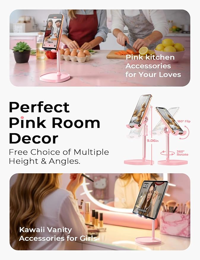 LISEN Pink Phone Stand for Home Desk, Room Vanity Decor Kitchen Accessories, Cute Phone Holder Bathroom Living Dorm Room Essentials Offices Desk Accessories for iPad mini 4-10 in Pink Gifts
