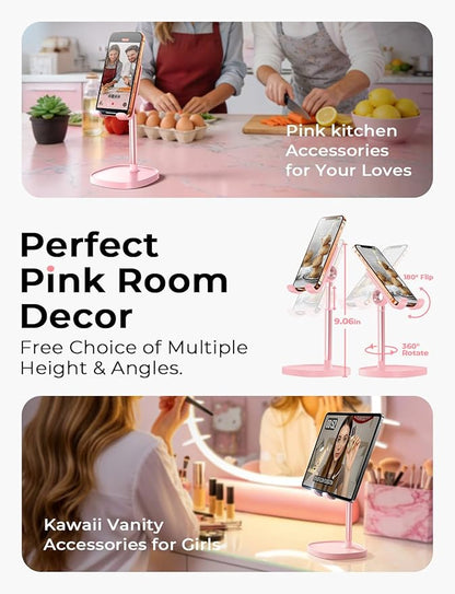 LISEN Pink Phone Stand for Home Desk, Room Vanity Decor Kitchen Accessories, Cute Phone Holder Bathroom Living Dorm Room Essentials Offices Desk Accessories for iPad mini 4-10 in Pink Gifts