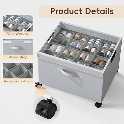 HOUSE AGAIN Shoe Organizer for Closet, 2 Pack Foldable Shoe Storage Organizer Box with Wheels and Adjustable Dividers, Sturdy Metal Frame Fits up to 16-32 Pairs, Large Shoes Storage with Clear Cover