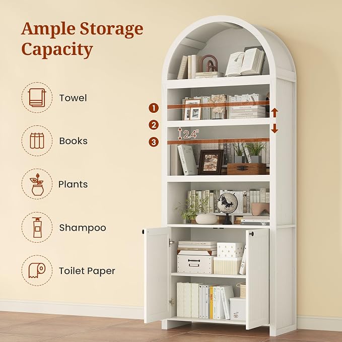 81" Tall Arched Cabinets,Bookcase with storage,Mid-Century Modern 6-Tier Bookshelf with Door,2 Book Risers and Adjustable Shelves give more storage space for Living Room,Home Office Antique White
