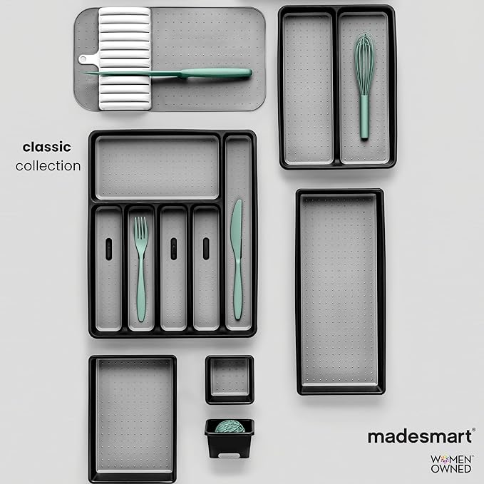 madesmart 4 Compartment Drawer Organizer, Multi Purpose Storage for Utensils, Office Tools, Cords, & Small Household Items, Tech Accessories, Arts & Crafts Supplies, Non Slip Lining, White