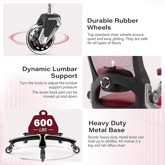 600lbs Big and Tall Office Chair- Heavy Duty Executive Computer Chair with 3D Flip Arms Large Wheels, Ergonomic Mesh High Back Desk Chair, Extra Wide Seat Adjustable Lumbar Support&Headrest