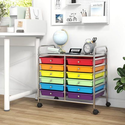GOFLAME 12-Drawer Rolling Storage Cart, Multifunctional Art Craft Organizer Cart, Mobile Utility Storage Cart with Removable Drawers & Lockable Wheels, Craft Cart for Home Office School, Multicolored