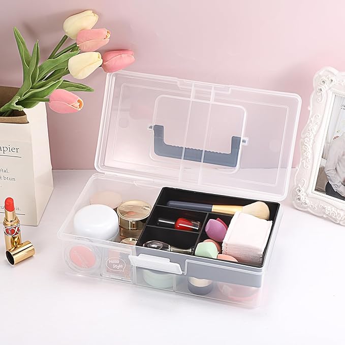 JUXYES 2 Pack Plastic Carry Storage Box with Removable Dividers, Clear Art Craft Supply Storage Bin Sewing Box with Handle Lid, 2 Layers Stationery Storage Case for School/Office Supplies Black
