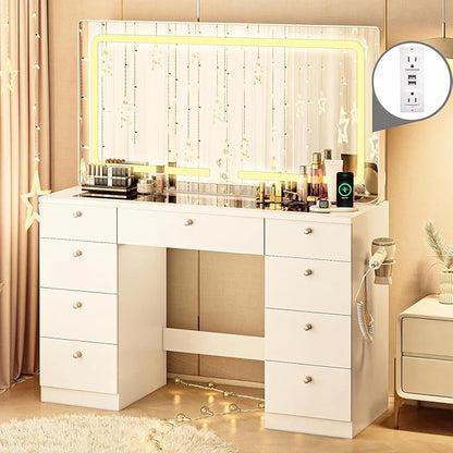 Vanity with Lighted Mirror, Glass Top Makeup Vanity Desk with Power Outlet and 9 Drawers, 3 Color Lighting Modes Adjustable Dresser for Bedroom, White