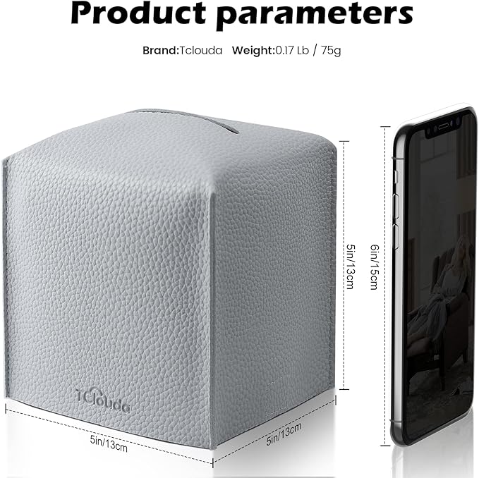 Tissue Box Cover, Tclouda, Modern PU Leather Square Tissue Box Holder for Creative Decorative, 2 Pack, Ideal for Bathrooms/Office/Car/Nightstand/Outdoor Tent/Dining Table, 5"X5"X5", Double Gray