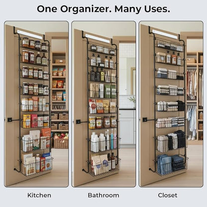 Over Door Organizer Storage - 6 Tier Black Metal Over the Door Pantry Organizer Heavy Duty Hanging Storage Rack, Behind Cabinet Shelves for Home, Kitchen, Bathroom, Closet, Pantry