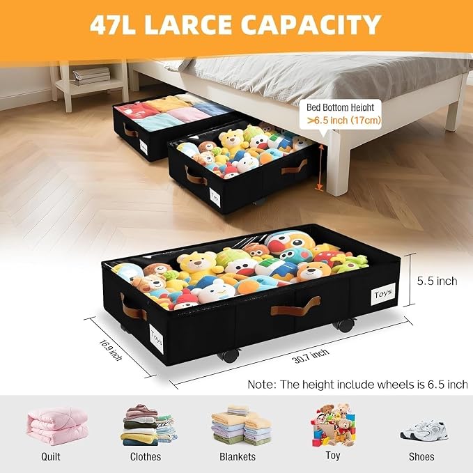 Under Bed Storage with Wheels,Underbed Storage with Sturdy Sidewalls/Bottom, Clear Cover, Label and PU Handle, Rolling Under Bed Drawers for Clothes, Shoes, 6.5 Inch Height,Black, 4 Pack