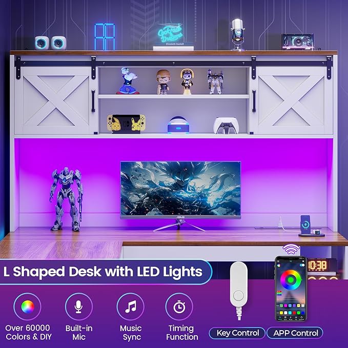 SEDETA 67" Farmhouse L Shaped Desk with Hutch, Home Office Desks with Drawers & Sliding Doors, Corner Computer Desk with Storage Shelves & Power Outlets, Executive Desk with LED Lights, White