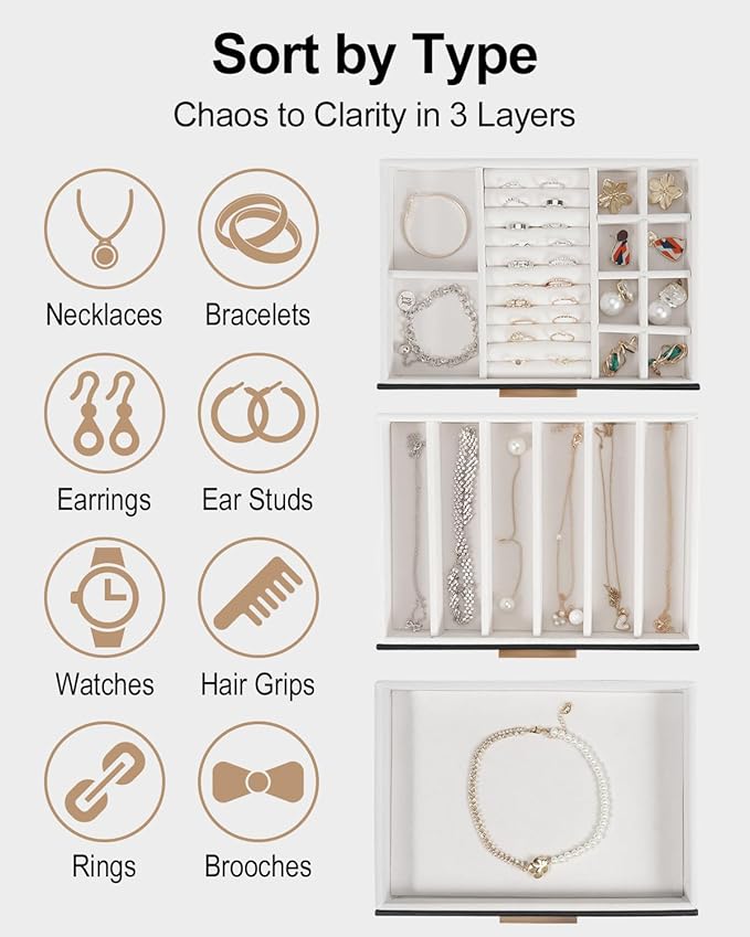 GUOER Jewelry Box for Women, Glass Lid Jewelry Organizer with 3 Drawers PU Jewelry Storage Case for Necklaces Rings Earrings Bracelets, Black