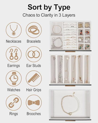 GUOER Jewelry Box for Women, Glass Lid Jewelry Organizer with 3 Drawers PU Jewelry Storage Case for Necklaces Rings Earrings Bracelets, Black
