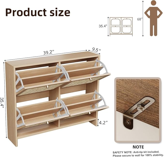 Nicetree Shoe Cabinet Storage for Entryway, 4-Flip Drawer Narrow Shoe Rack, Organic Modern Rattan Shoe Organizer with Gold Legs, Shoe Organizer Fits Men's Size 13.5, Sun-Drenched Amber Oak