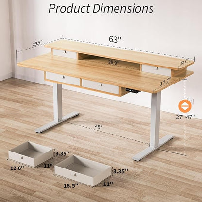 Kingant 63 x 30 Inch Electric Standing Desk with 4 Drawers, Adjustable Height Computer Desk for Home Office, Large Workstation Sit Stand Up Desk with Built-in USB A/C Charging Ports, Nature