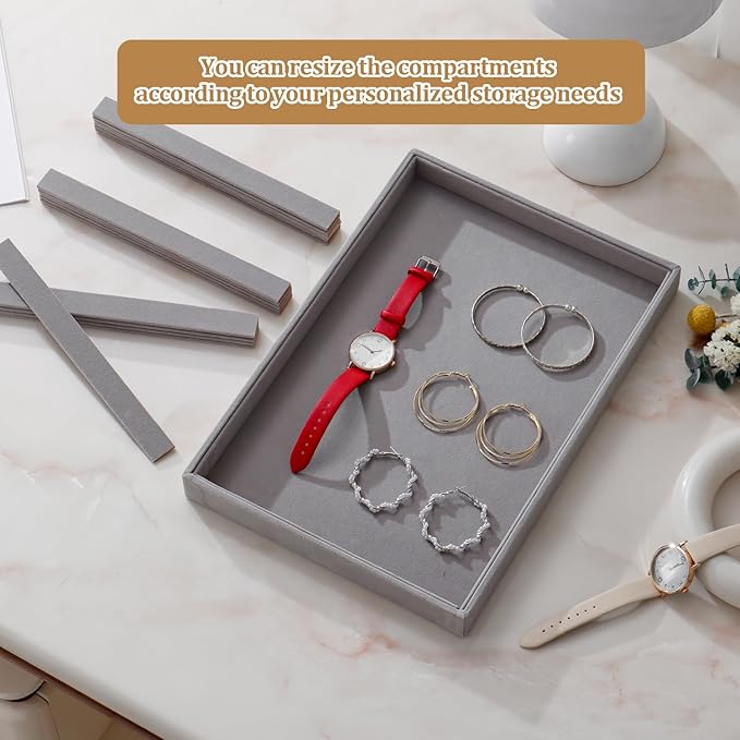 Large Velvet Jewelry Tray 2 Pack Stackable Jewelry Display Drawer Inserts Trays Organizer for Earring Bracelet Necklace Ring (Gray, 16 Grids)