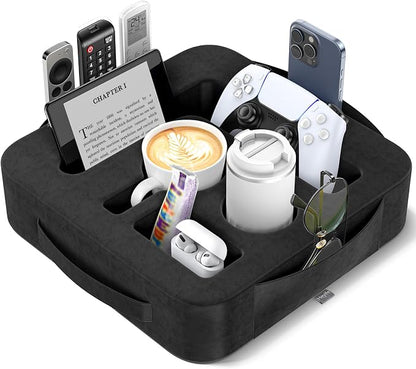 Couch Cup Holder Pillow, Sofa and Bed Caddy for iPad, Kindle, Switch, Game Controller, Remotes, Phones, Small-Sized Cup and Drink Holder for Couch, Bed, Desk, Car, Beach, Bathroom Cup Holder, Black