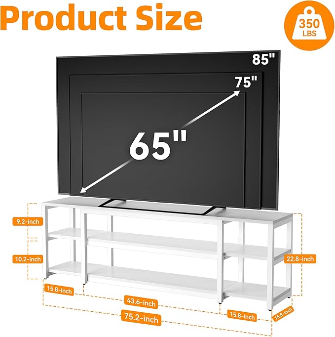 Aquzee White TV Stand for up to 85inch, Entertainment Center for 70 75 80 85" TV, 75.2" Wide Wood Television Console Table for Living Room Bedroom Gaming Room
