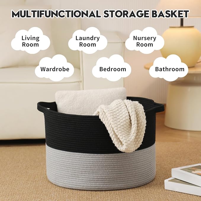 Foldable Laundry Hamper Basket with Collapsible Handle Cotton Rope Soft Woven Fabric Storage Organizer Clothes Toys Nursery Bedroom Dorm Space Saving Bin (Black & Grey, 65L(19.7"D x 12.6"H))